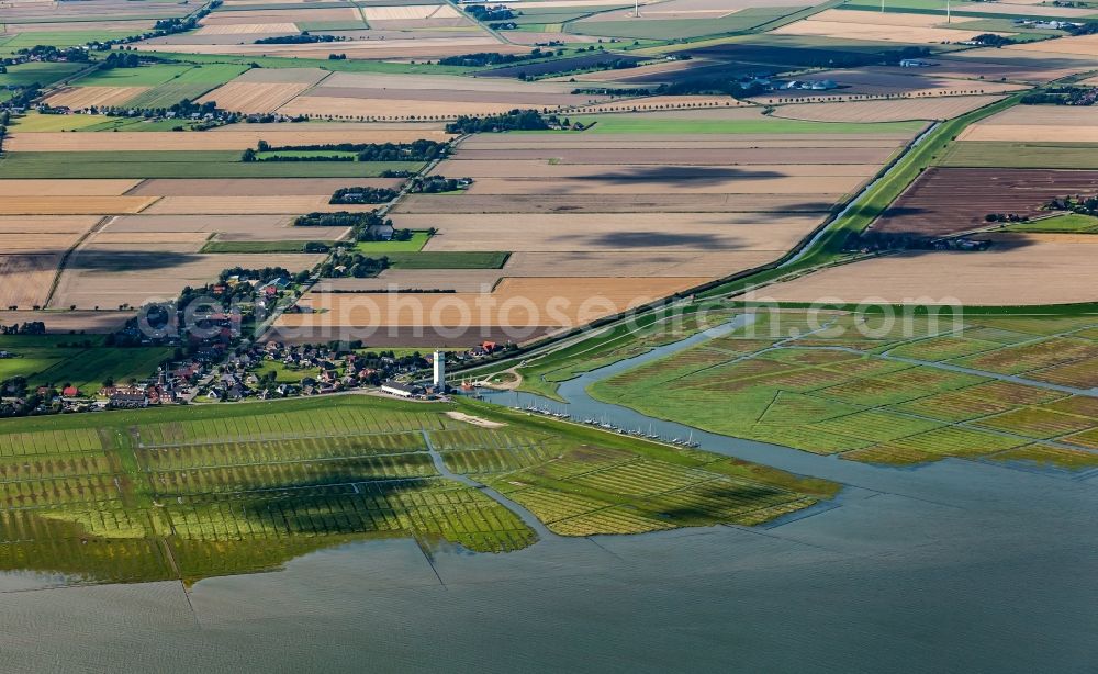 Aerial photograph Nordstrand - Coastal landscape with dike protection strips in Suederhafen on the island of Nordstrand in the state Schleswig-Holstein, Germany