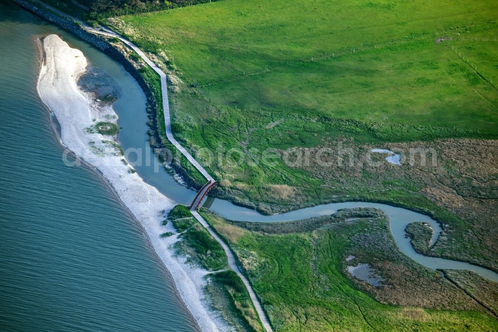 Aerial image Munkmarsch (Sylt) - Coastal landscape with dike protection strips with the bridge of lies in Munkmarsch (Sylt) in the state Schleswig-Holstein, Germany