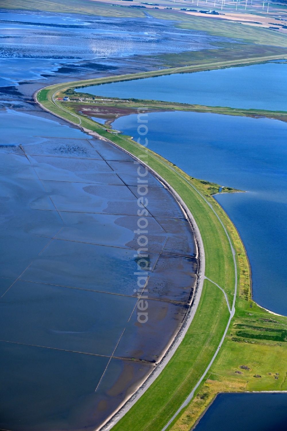 Aerial image Nordstrand - Coastline with dike protection strips at the North Sea coast in Nordstrand in the state Schleswig-Holstein, Germany