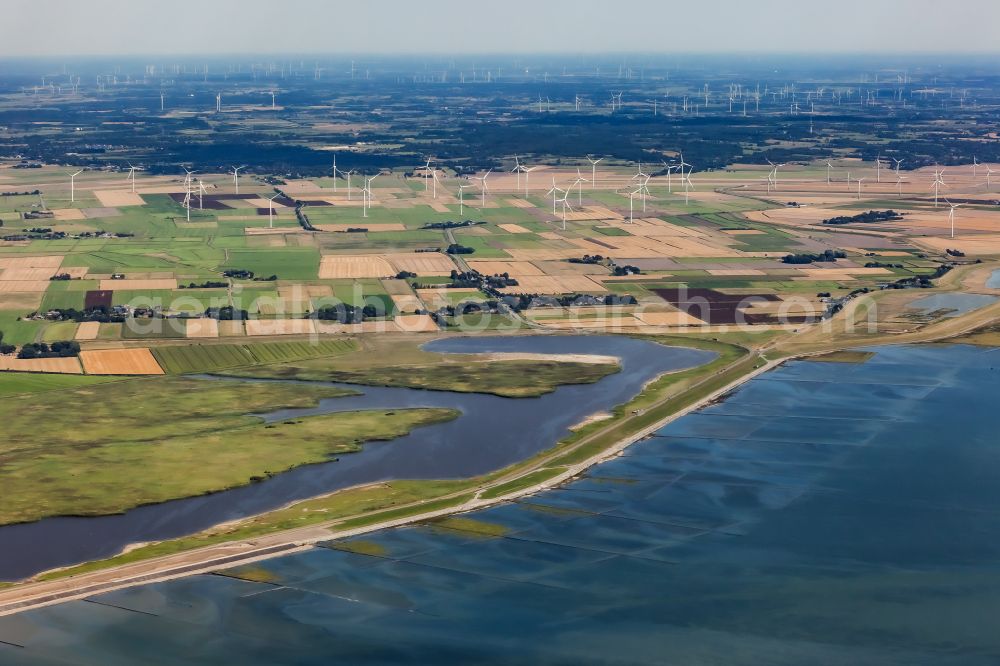 Aerial image Ockholm - Coastline with dike protection strips on Speicherbecken Sued on street L191 in Ockholm North Friesland in the state Schleswig-Holstein, Germany