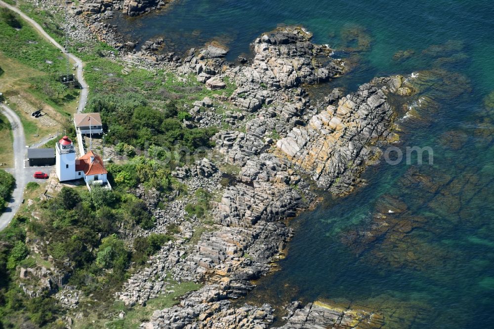 Allinge from above - Coastline at the rocky cliffs of Baltic Sea on Bornholm Island in Allinge in Region Hovedstaden, Denmark