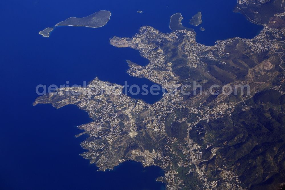 Gündogan from above - Coastline at the Mediterranean Sea coast in the Region of Guendogan at the Turkish Aegean Sea in Mugla, Turkey