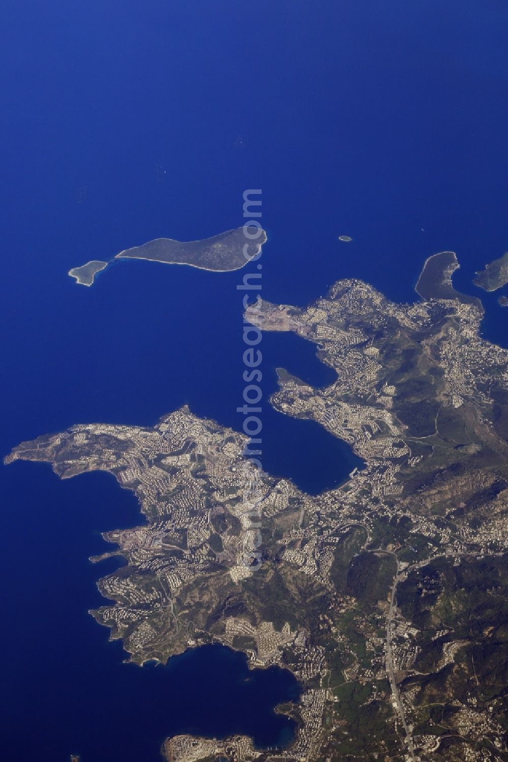 Gündogan from the bird's eye view: Coastline at the Mediterranean Sea coast in the Region of Guendogan at the Turkish Aegean Sea in Mugla, Turkey