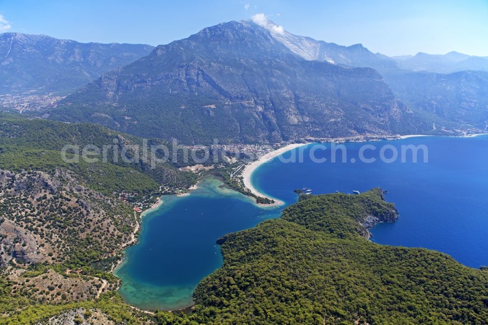 Aerial image Ölüdeniz - Coastline with the sandy beach of Oeluedeniz in Turkey