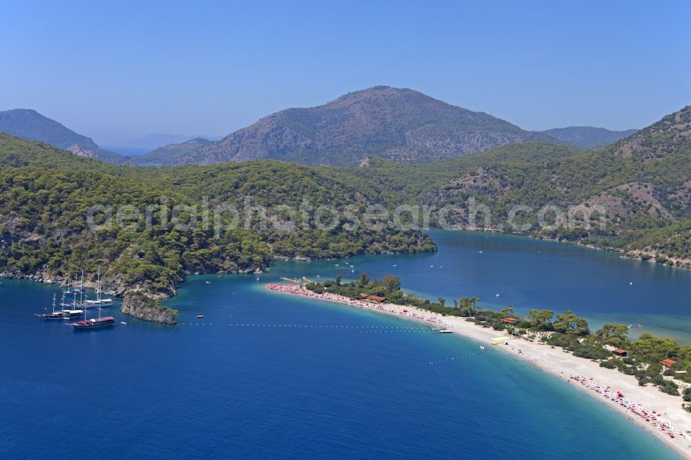 Aerial image Ölüdeniz - Coastline with the sandy beach of Oeluedeniz in Turkey