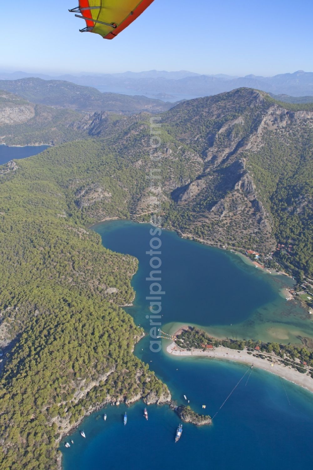 Ölüdeniz from the bird's eye view: Coastline with the sandy beach of Oeluedeniz in Turkey