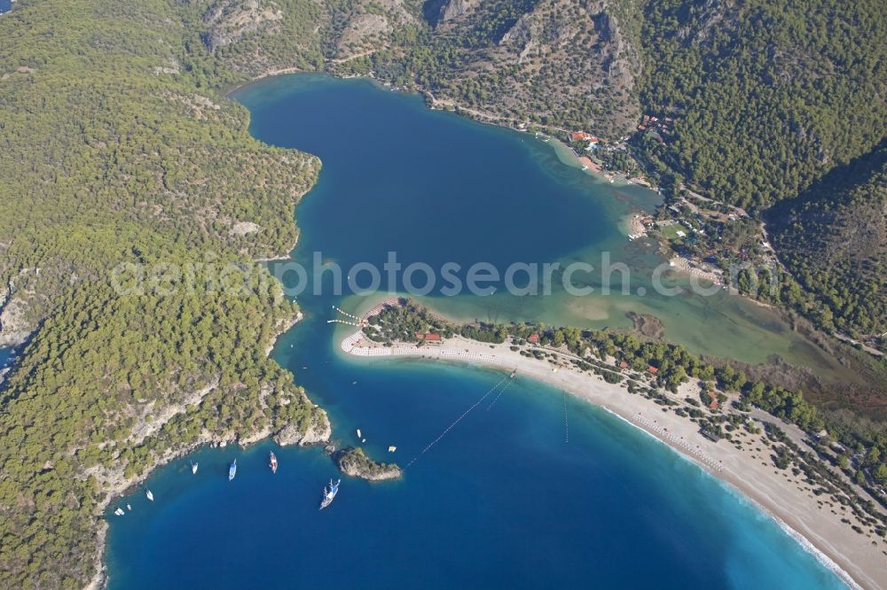 Aerial image Ölüdeniz - Coastline with the sandy beach of Oeluedeniz in Turkey