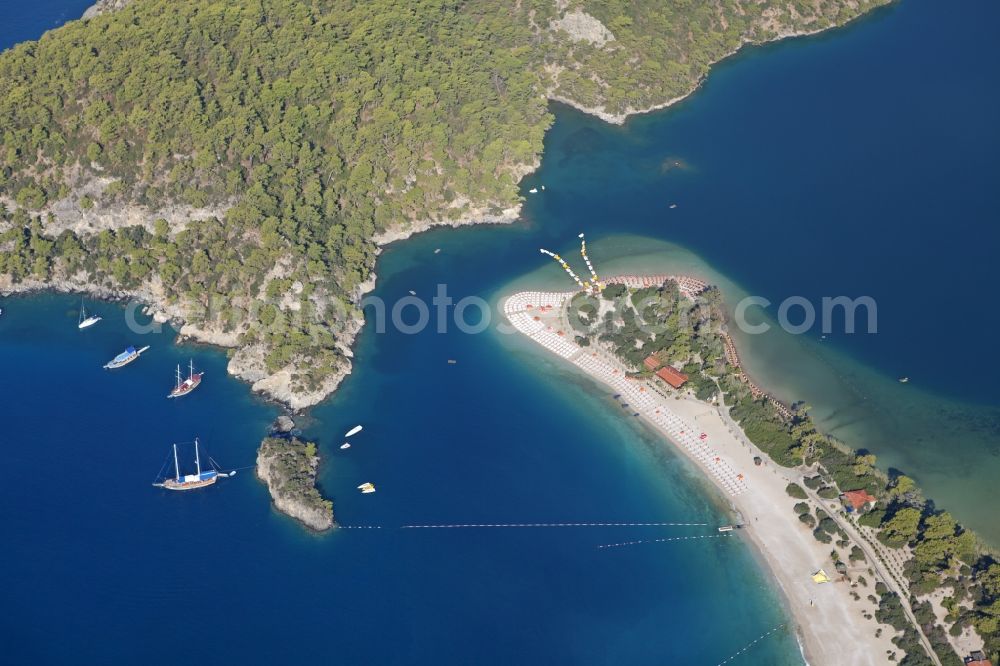 Aerial image Ölüdeniz - Coastline with the sandy beach of Oeluedeniz in Turkey