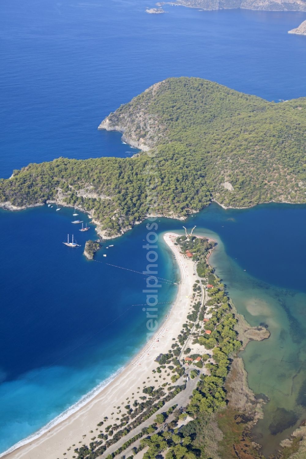 Ölüdeniz from above - Coastline with the sandy beach of Oeluedeniz in Turkey