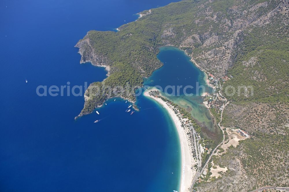 Ölüdeniz from the bird's eye view: Coastline with the sandy beach of Oeluedeniz in Turkey