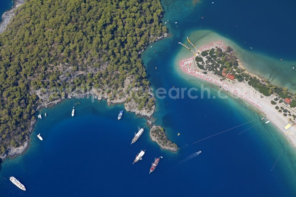 Aerial image Ölüdeniz - Coastline with the sandy beach of Oeluedeniz in Turkey