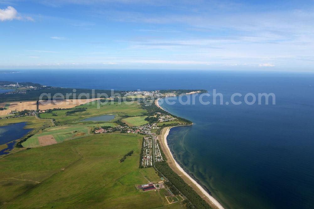 Aerial image Middelhagen - Coastline on the sandy beach campsite in the district Lobbe in Middelhagen in the state Mecklenburg - Western Pomerania