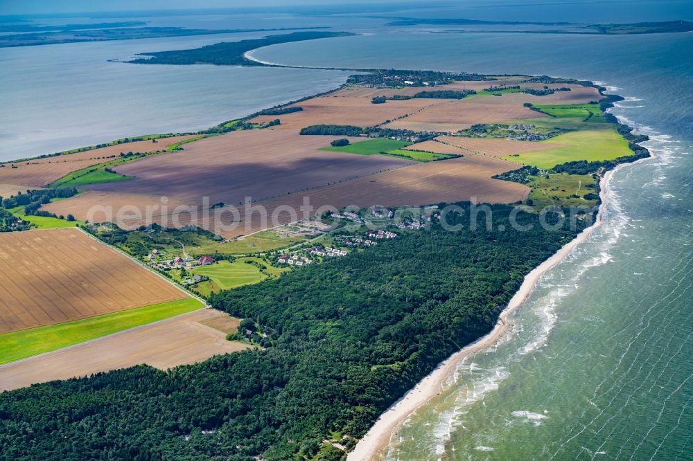 Dranske from above - Coastline on the sandy beach of of Baltic Sea in Dranske in the state Mecklenburg - Western Pomerania, Germany