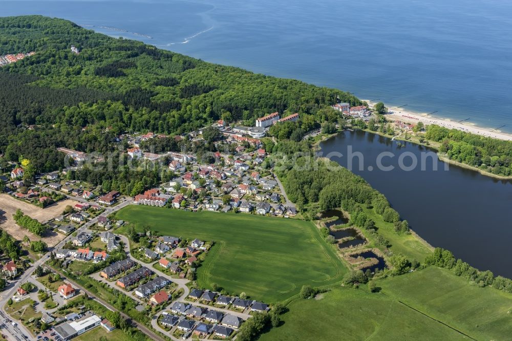 Aerial image Kölpinsee - Coastline on the sandy beach of of Baltic Sea in Koelpinsee in the state Mecklenburg - Western Pomerania, Germany