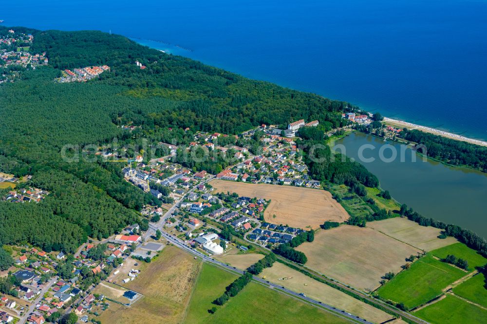 Loddin from above - Coastline on the sandy beach of of Baltic Sea in Koelpinsee in the state Mecklenburg - Western Pomerania, Germany