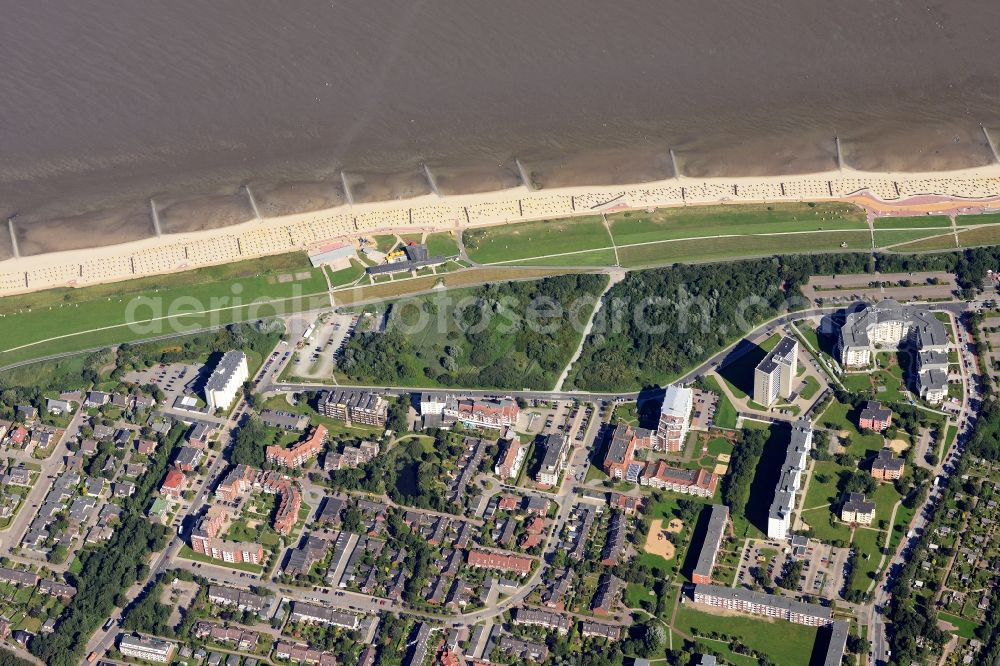 Aerial image Cuxhaven - Coastline on the sandy beach in Duhnen in the state Lower Saxony