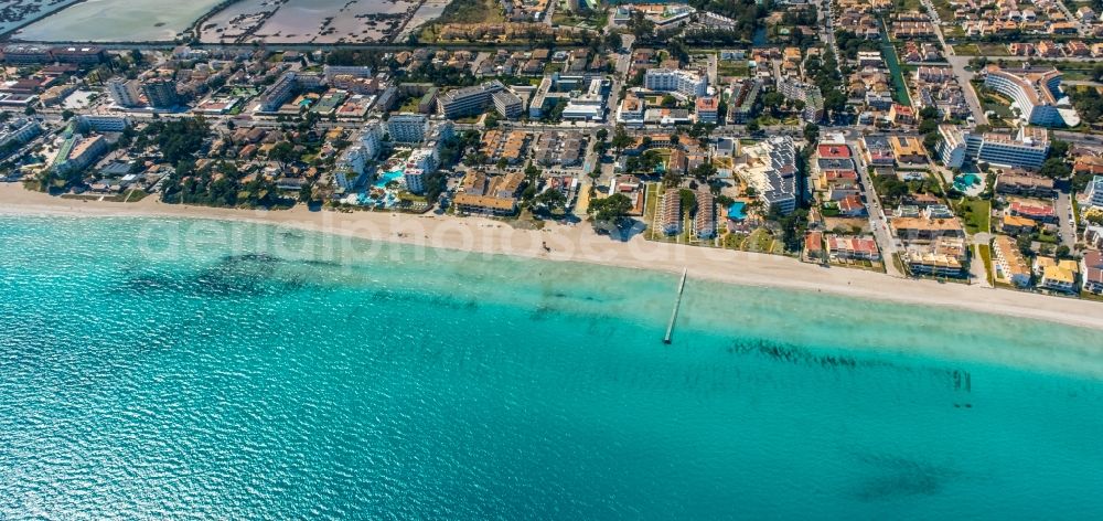 Alcudia from above - Coastline on the sandy beach of along the Avenida de s'Albufera - Carretera d'Arta in Alcudia in Balearic island of Mallorca, Spain