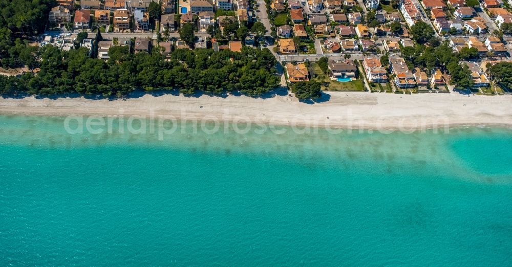 Alcudia from the bird's eye view: Coastline on the sandy beach of along the Avenida de s'Albufera - Carretera d'Arta in Alcudia in Balearic island of Mallorca, Spain