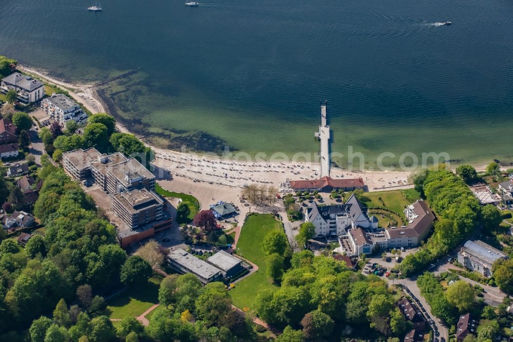 Glücksburg from above - Coastal landscape on the sandy beach in the spa center in Gluecksburg in the state Schleswig-Holstein, Germany