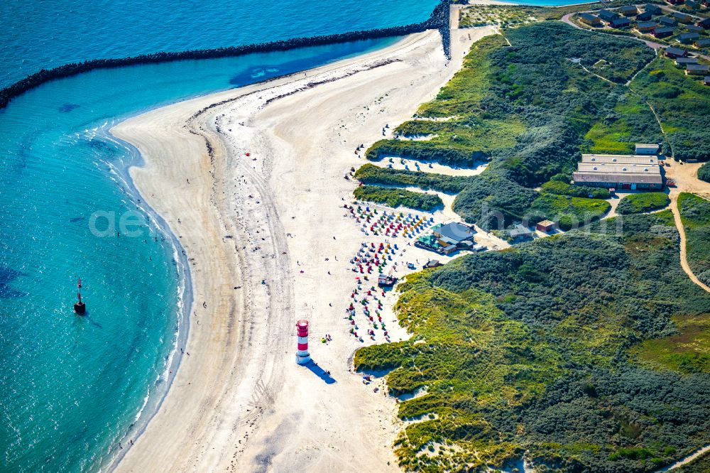 Helgoland from above - Coastal landscape on the sandy beach with the lighthouse on the Helgoland dune in Heligoland in the state of Schleswig-Holstein