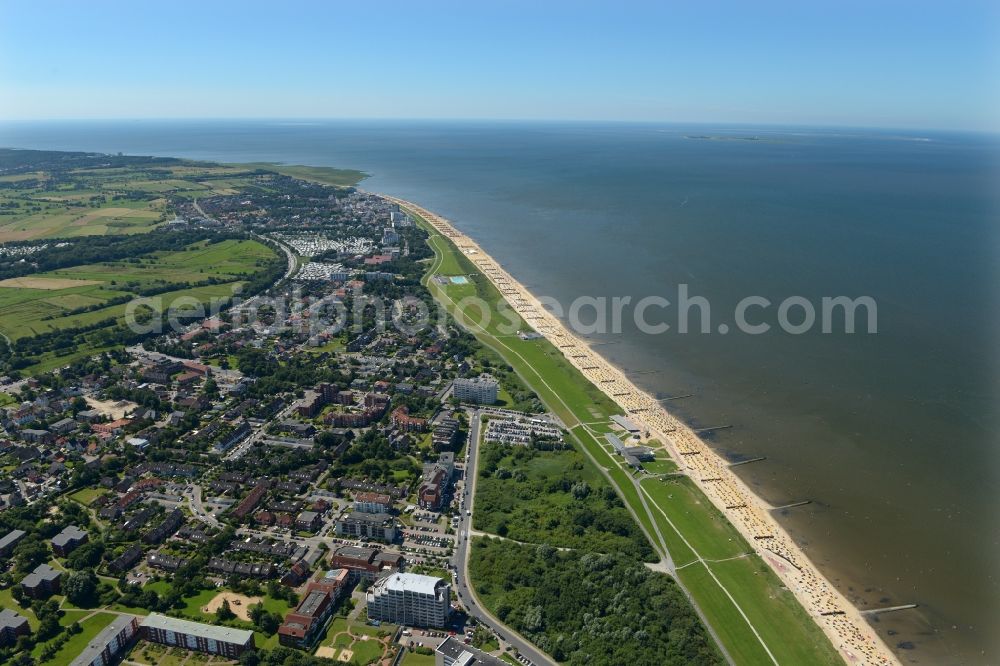 Cuxhaven from above - Coastline on the sandy beach of Nordsee in Duhnen in the state Lower Saxony