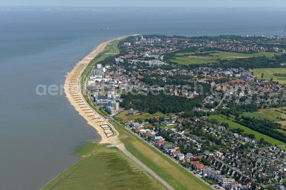 Aerial photograph Cuxhaven - Coastline on the sandy beach of Nordsee in Duhnen in the state Lower Saxony