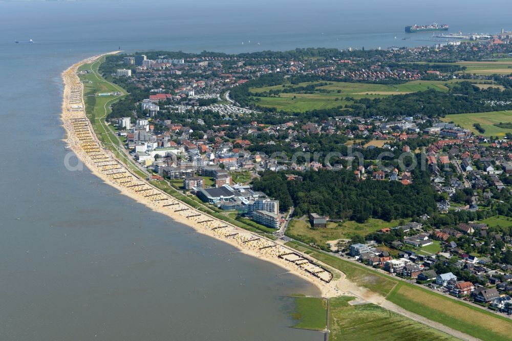 Cuxhaven from above - Coastline on the sandy beach of Nordsee in Duhnen in the state Lower Saxony