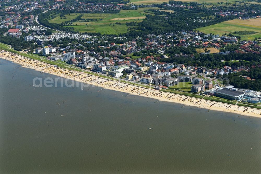 Aerial image Cuxhaven - Coastline on the sandy beach of Nordsee in Duhnen in the state Lower Saxony