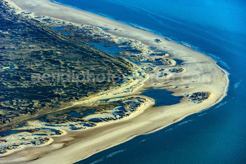 Nebel from the bird's eye view: Coastline on the sandy beach of Nordsee- Insel Amrum in Nebel in the state Schleswig-Holstein