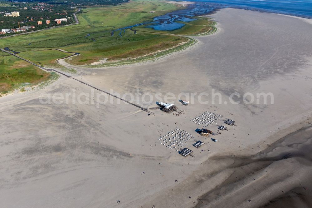 Aerial image Sankt Peter-Ording - Coastline on the sandy beach of North Sea in Sankt Peter-Ording in the state Schleswig-Holstein, Germany