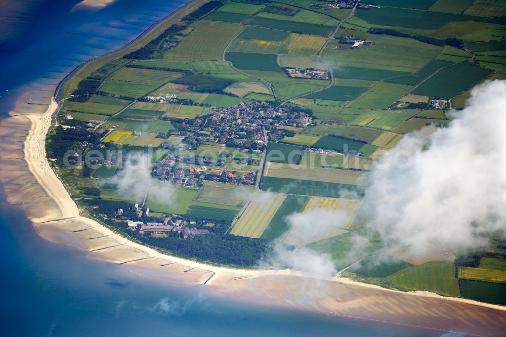 Utersum from above - Coastline on the sandy beach of North Sea in Utersum in the state Schleswig-Holstein