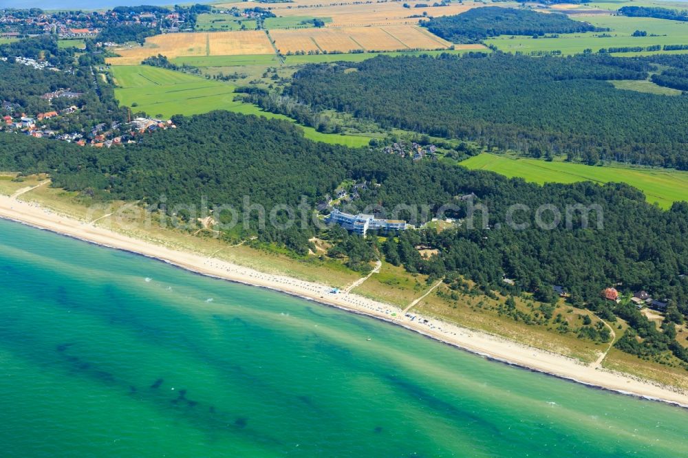 Born am Darß from the bird's eye view: Coastline on the sandy beach of Baltic Sea in Born am Darss in the state Mecklenburg - Western Pomerania, Germany