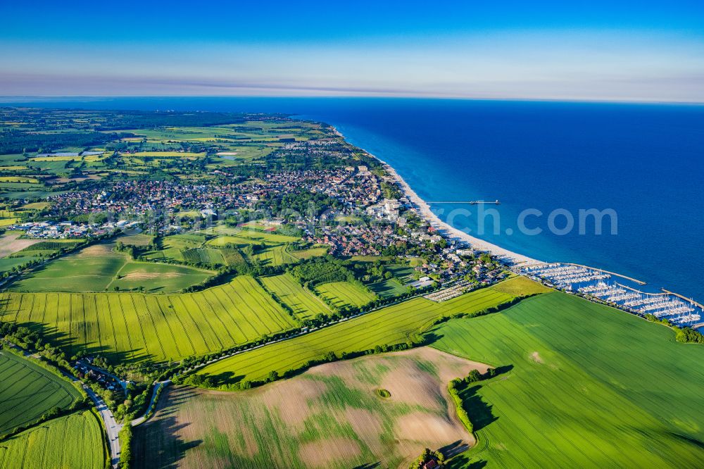 Aerial photograph Grömitz - Coastline on the sandy beach of Baltic Sea in Groemitz in the state Schleswig-Holstein, Germany