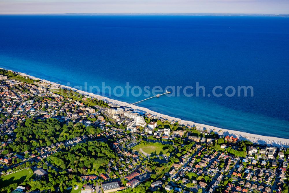 Grömitz from above - Coastline on the sandy beach of Baltic Sea in Groemitz in the state Schleswig-Holstein, Germany