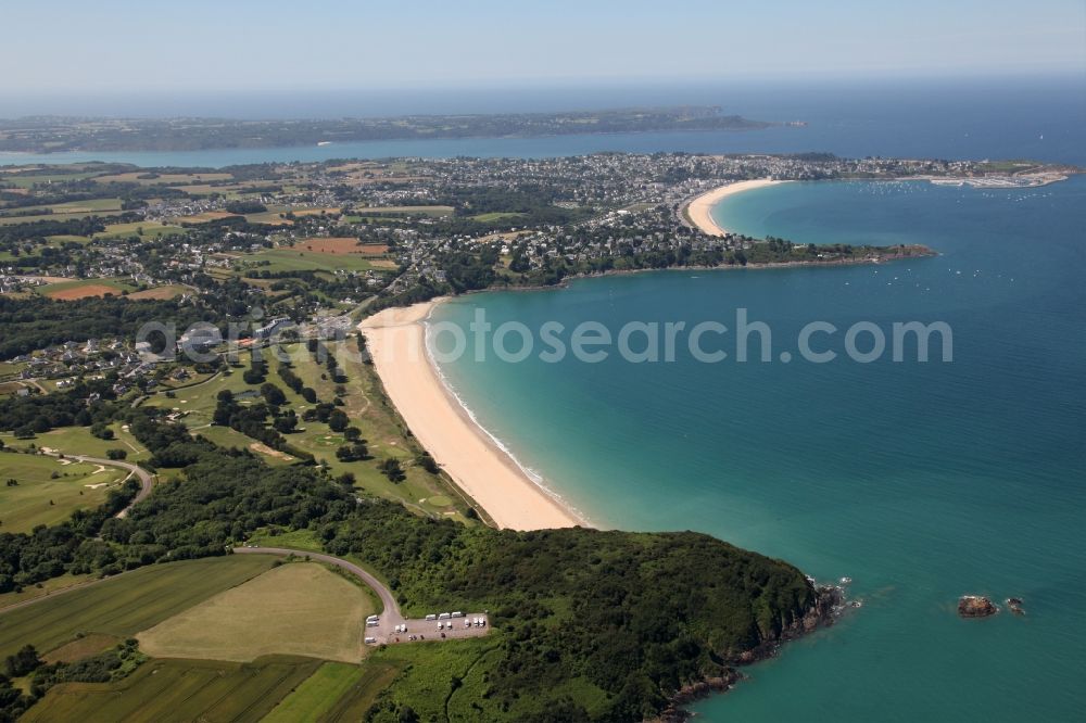 Saint-Cast-le-Guildo from above - Coastline on the sandy beach of Plage de Pen Guen in Saint-Cast-le-Guildo in Brittany, France