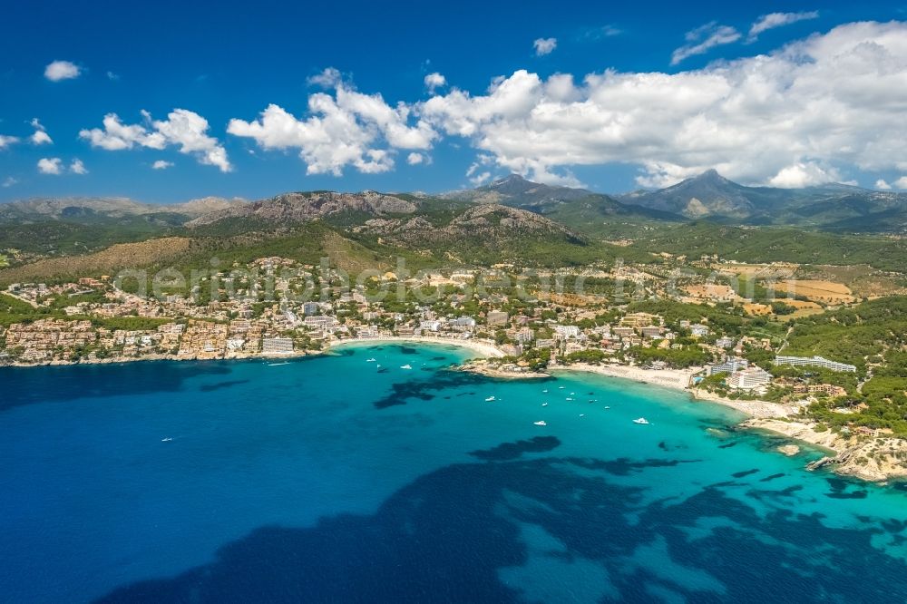 Peguera from above - Coastline on the sandy beach of Platja Gran de Tora in Peguera in Balearische Insel Mallorca, Spain