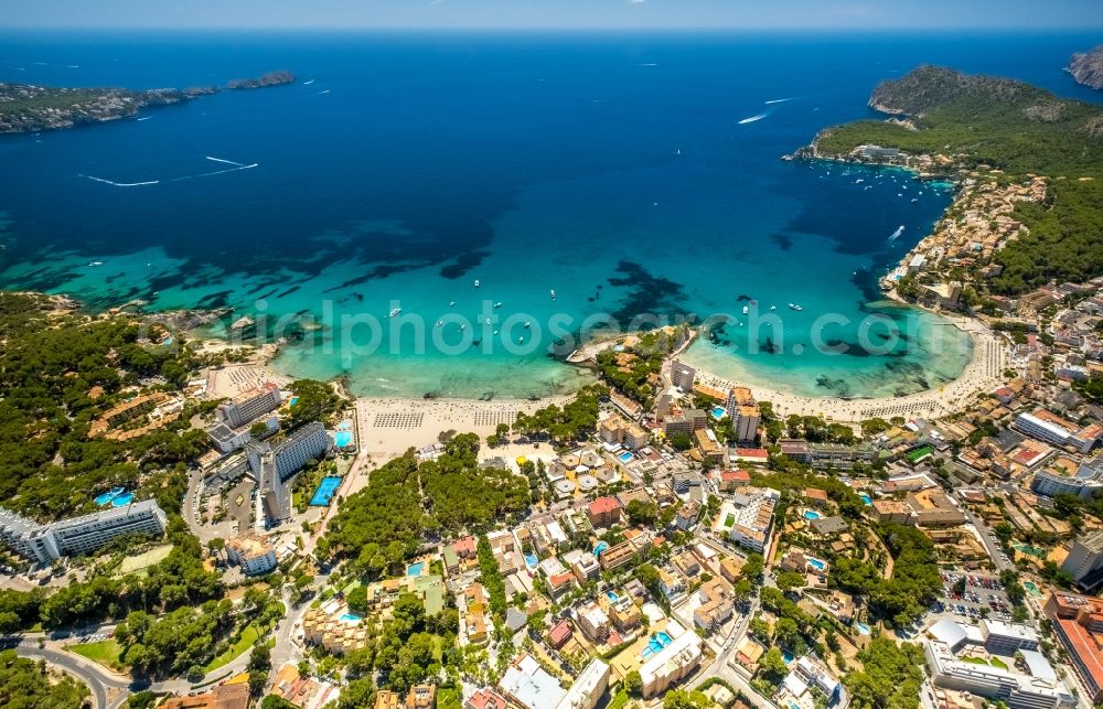 Peguera from above - Coastline on the sandy beach of Platja Gran de Tora in Peguera in Balearische Insel Mallorca, Spain