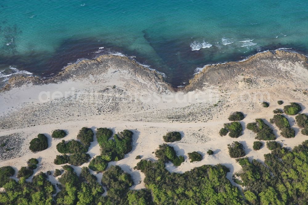 Santa Margalida from the bird's eye view: Coastline on the sandy beach of Son Serra de arina in Santa Margalida in Bay of Alcudia in Mallorca in Balearic Islands, Spain