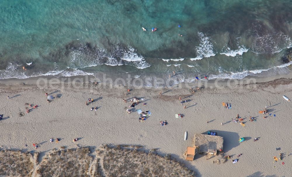 Santa Margalida from above - Coastline on the sandy beach of Son Serra de arina in Santa Margalida in Bay of Alcudia in Mallorca in Balearic Islands, Spain