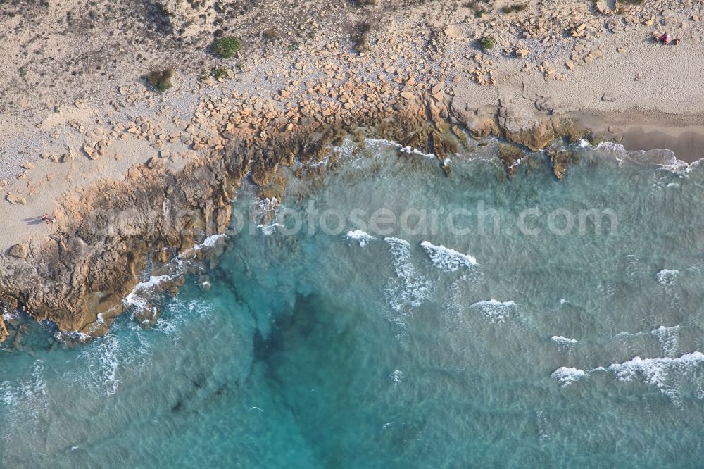 Santa Margalida from the bird's eye view: Coastline on the sandy beach of Son Serra de arina in Santa Margalida in Bay of Alcudia in Mallorca in Balearic Islands, Spain