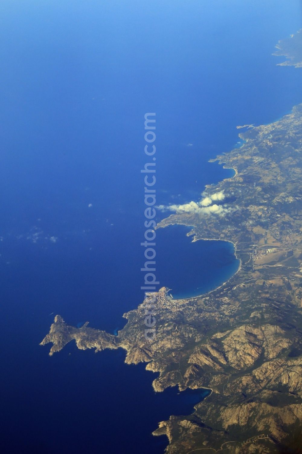 Aerial photograph Calvi - Rugged coastal landscape on the rocky cliffs of the island of Corsica near Calvi in France