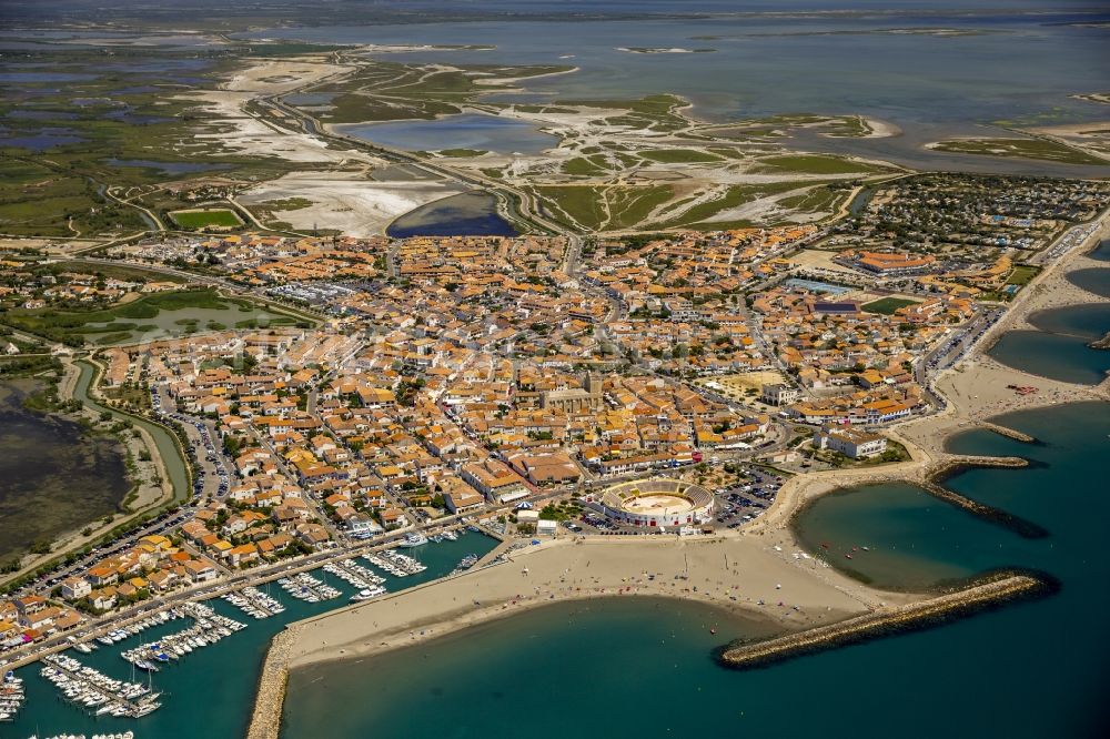 Aerial image Saintes-Maries-de-la-Mer - Coastal dunes and landscape of the Camargue at Saintes-Maries-de-la-Mer, Provence-Alpes-Cote d'Azur in France