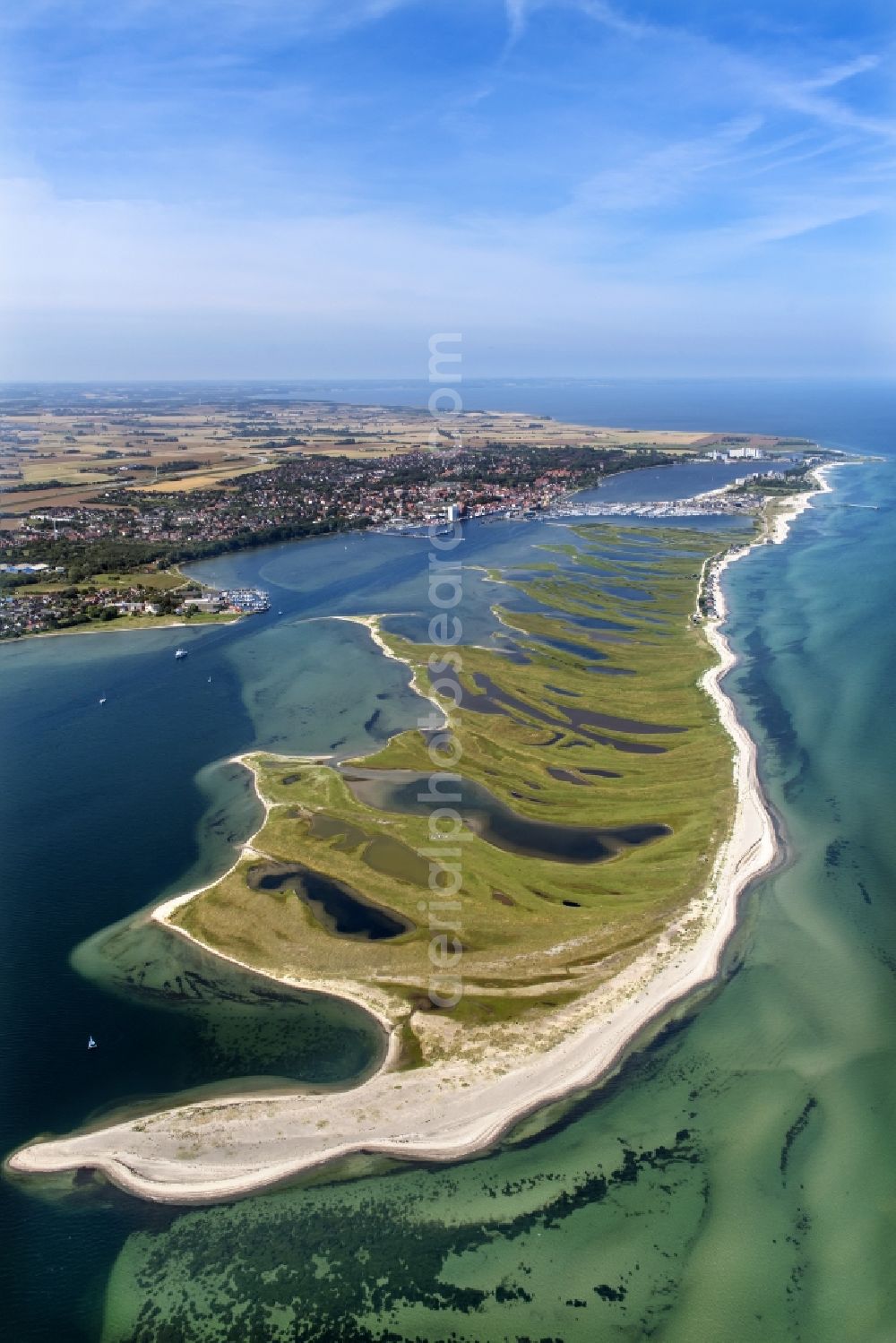 Heiligenhafen from the bird's eye view: Coastal area of the peninsula Graswarder-Heilgenhafen with a few single- family houses at the beach in Grossenbrode in the state Schleswig-Holstein