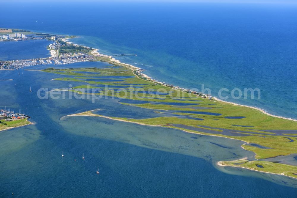 Aerial photograph Heiligenhafen - Coastal area of the peninsula Graswarder-Heilgenhafen with a few single- family houses at the beach in Grossenbrode in the state Schleswig-Holstein