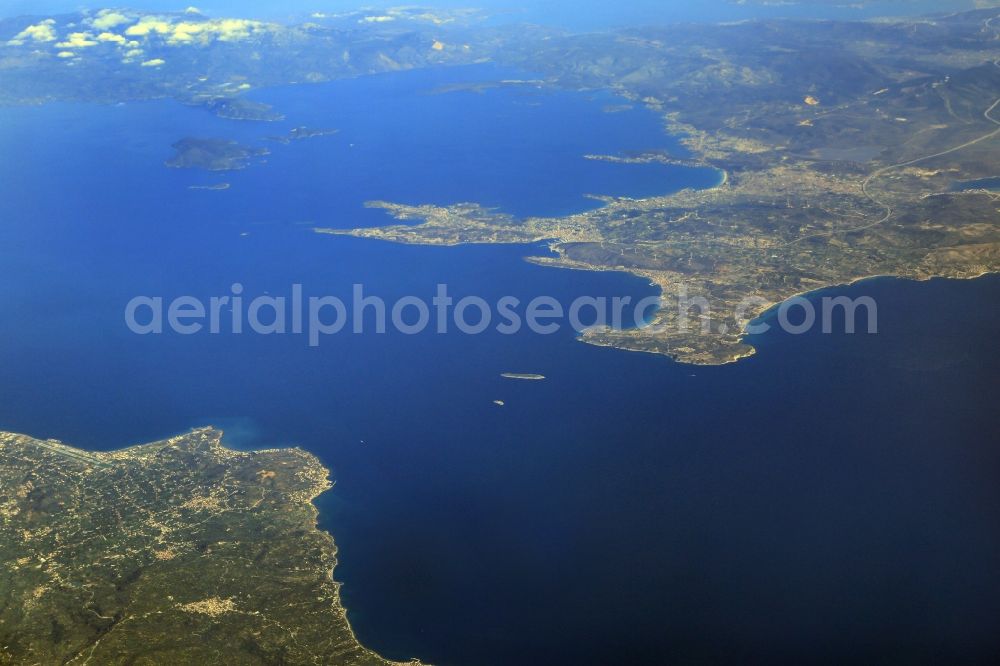 Aerial photograph Karfas - Coastal area of the Mediterranean Sea - Island Chios in the Aegean Sea in Greece (left) and the Turkish coast near Cesme and Alacati