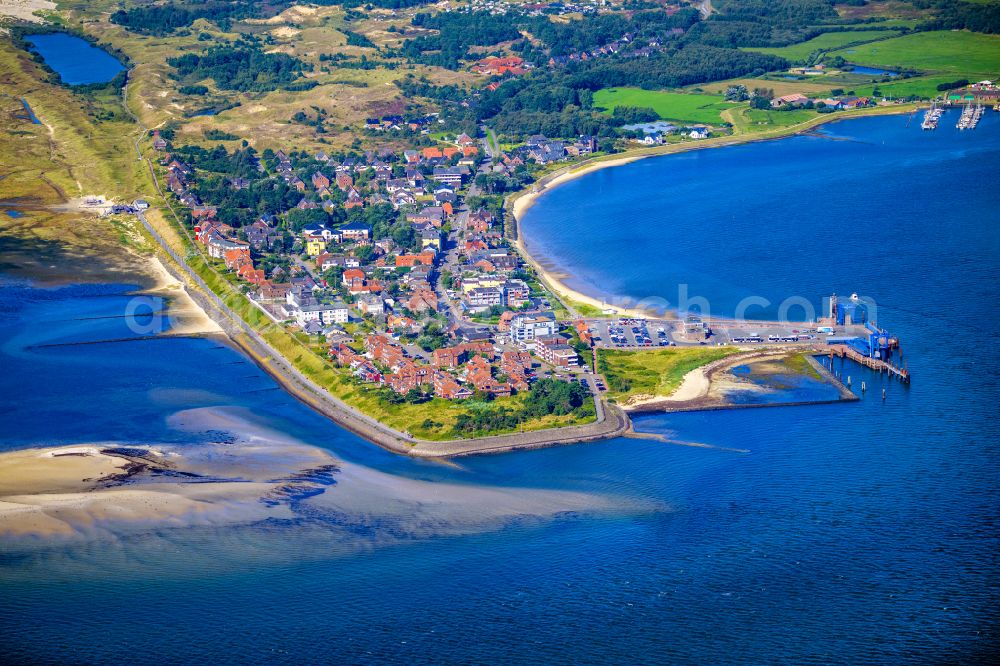 Wittdün auf Amrum from above - Coastal area of southern tip of the North Sea island Amrum and pier in the state Schleswig-Holstein