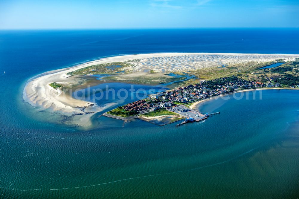 Wittdün auf Amrum from above - Coastal area of southern tip of the North Sea island Amrum and pier in the state Schleswig-Holstein