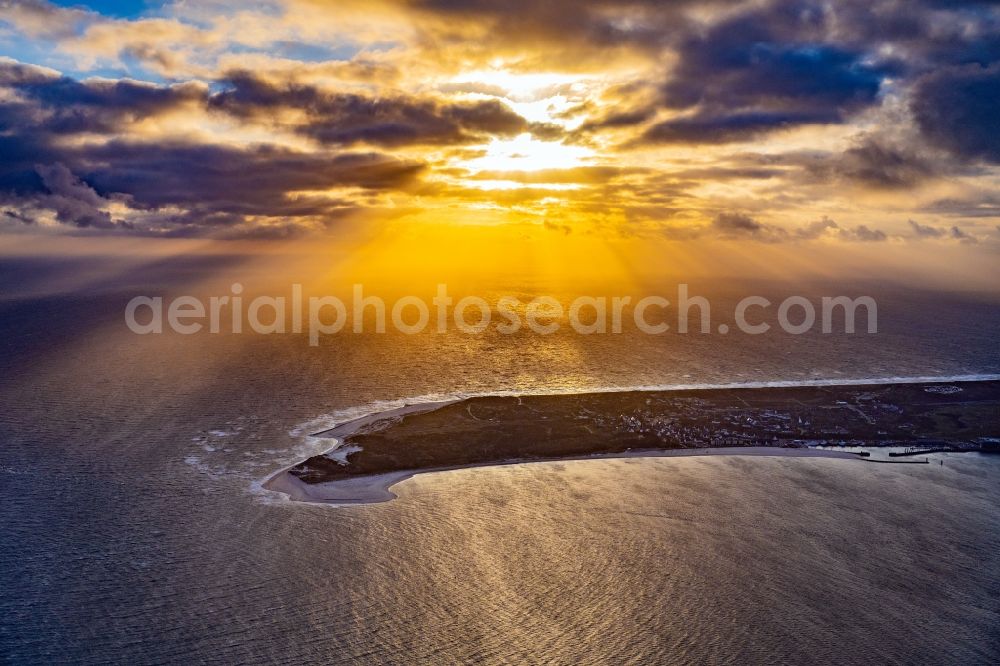 Hörnum (Sylt) from the bird's eye view: Coastal area and Odde of the North Sea island of Sylt in Hoernum at sunset in the state of Schleswig-Holstein