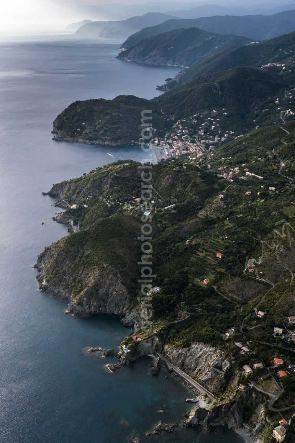 Aerial photograph Bonassola - Coastal landscape at the Mediterranean Sea with a view to the beach and the city of Portofino in Liguria in Italy