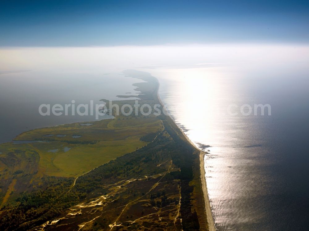 Insel Hiddensee from the bird's eye view: Coastal landscape and beach of Hiddensee Island in the state of Mecklenburg-Vorpommern. Hiddensee is a beloved tourist destination. Private vehicles and cars are prohibited to enter the island. View of the Western beach of the island